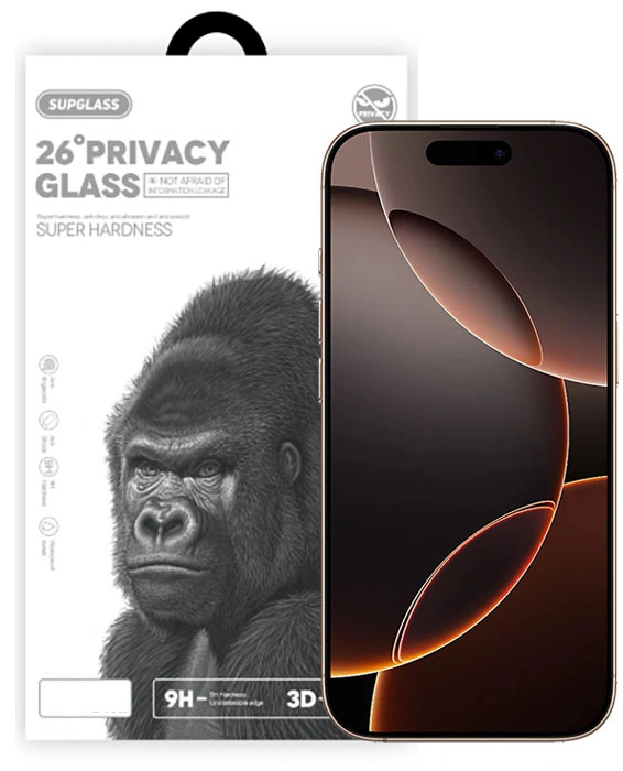 Защитное стекло SupGlass для iPhone 17 / 16 Pro 3D XC-12 (Анти-шпион), Чёрное. Фото 1