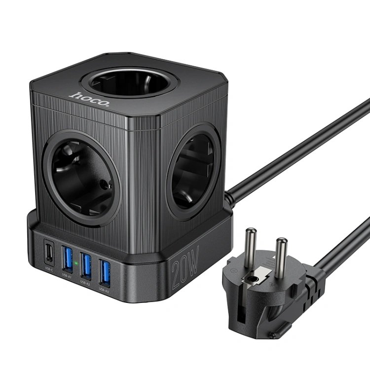 Сетевой фильтр Hoco NS8 (5 гнезд, 3USB/1USB-C, 20w, 2м), Black. Фото 1