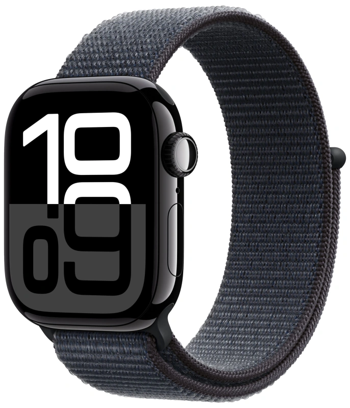 Apple Watch Series 10, 46 мм, алюминий цвет «чёрный глянец», спортивный браслет цвета "Ink" (MWWR3). Фото 1
