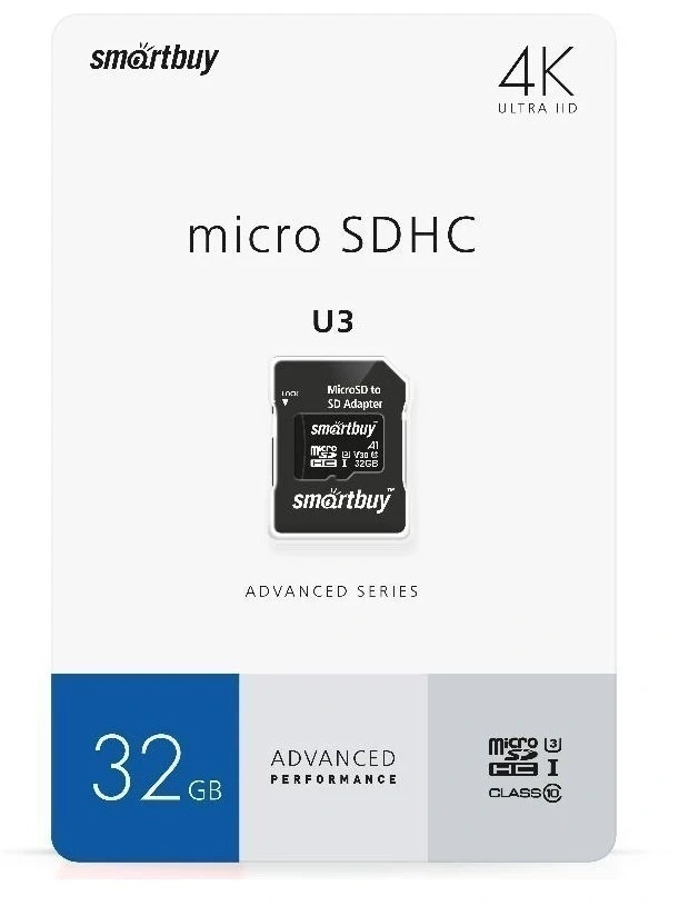 Карта памяти SmartBuy 32Гб microSD Class 10 Advanced Series + SD адаптер (SB32GBSDU1A-AD). Фото 1