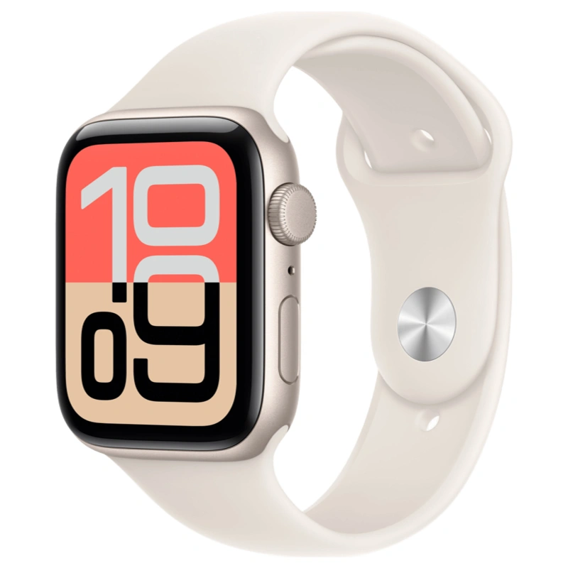 Apple Watch SE 3 2025, 44 мм, алюминий цвета "Starlight", Sport Band "Starlight", размер S/M (MEHG4). Фото 1