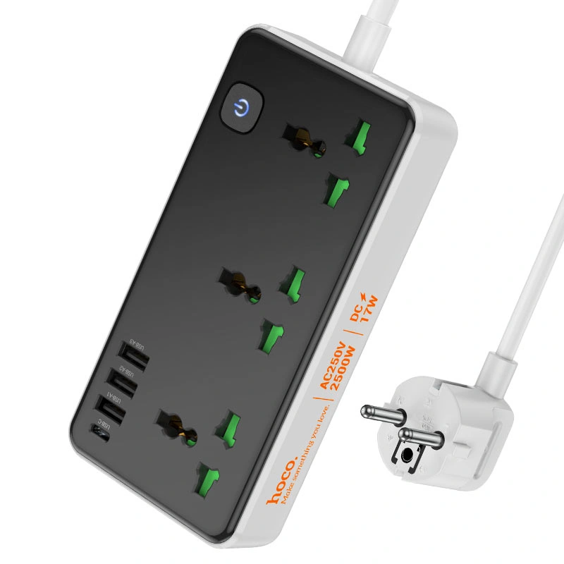 Сетевой фильтр Hoco AC7A Storm 3*USB-A, 1*USB-C, 3*розетки, 1.5м, Black. Фото 1