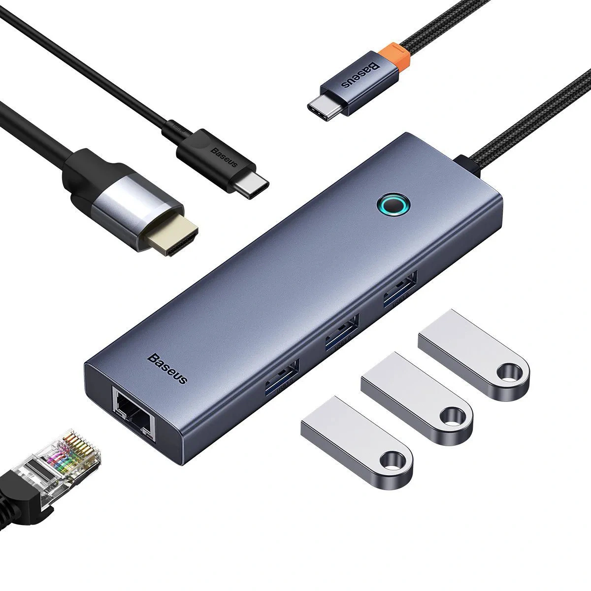 Хаб Baseus Flite Series 6-Port HUB Docking Station (Type-C to HDMI4K@60Hz*1+USB 3.2*3+USB-C*1+RJ45*1), Cерый (B00052807813-00). Фото 3