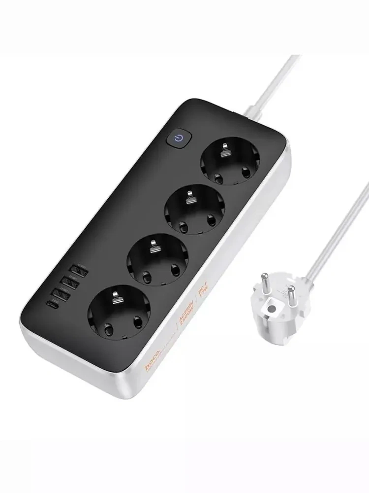 Сетевой фильтр Hoco AC21 3*USB-A, 1*USB-C, 4*розетки, 3м, Чёрный. Фото 1