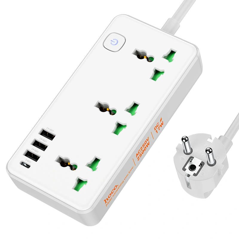 Сетевой фильтр Hoco AC7A Storm 3*AC-розетки, 1*USB-C, 3*USB-A, 1.5м, Белый. Фото 1