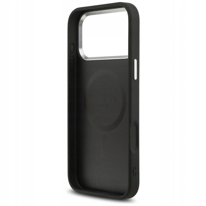 Накладка Guess для iPhone 17 Pro Max PU Grained leather Triangle metal logo & Cam (MagSafe), Чёрная (GUHMP17XPGTSPSK). Фото 7