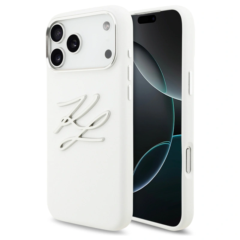 Накладка Lagerfeld для iPhone 17 Pro Max Liquid Silicone Initials Metal Logo & Camera Hard, White KLHCP17XSMCKLMCLH). Фото 1