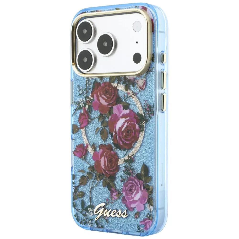 Накладка Guess для iPhone 18 Pro / 17 Pro IML Glitter Flowers Roses Metal Logo&Cam Hard (MagSafe), Light Blue (GUHMP18L6HTBGSLB). Фото 4