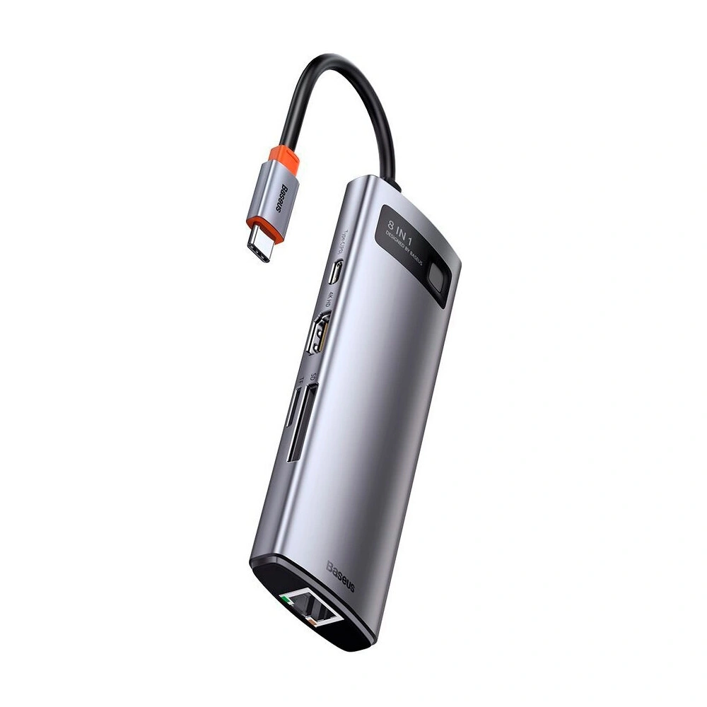 Хаб Baseus Metal Gleam Series 8-in-1 Multifunctional Type-C HUB Docking Station USB3.0x3, PD 100W, HDMI 4K, RJ45, SD, TF, серый (CAHUB-CV0G). Фото 6