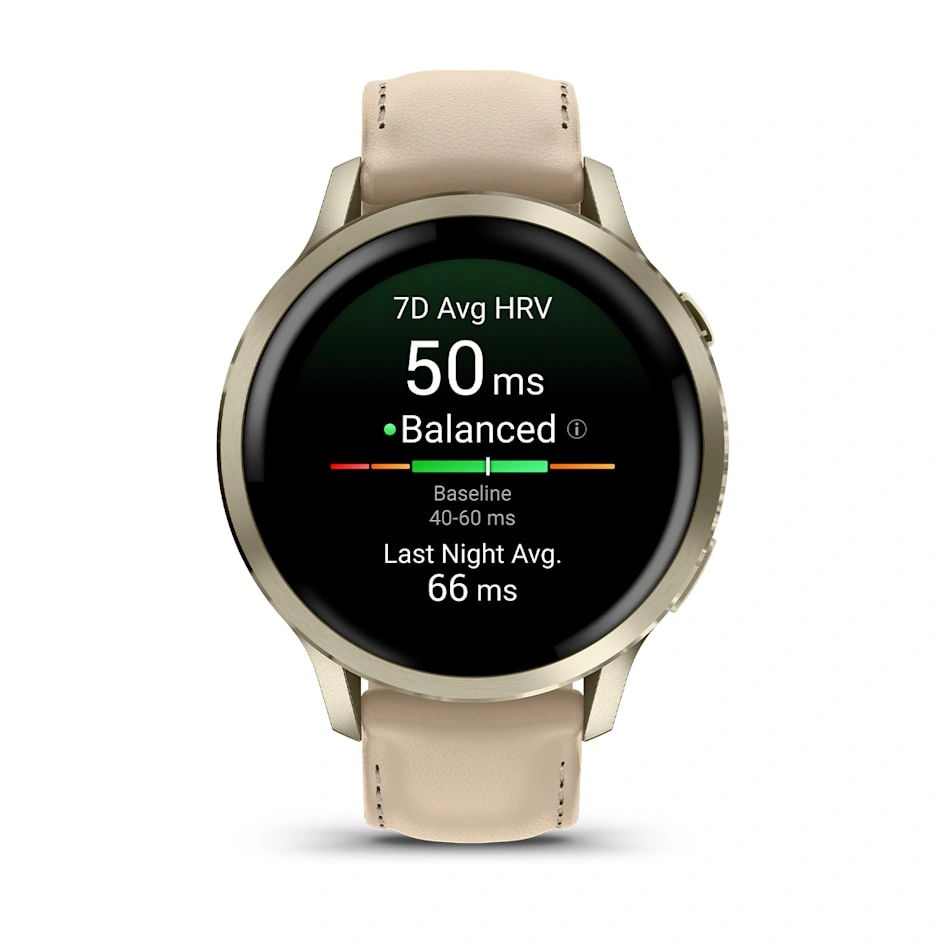 Умные часы Garmin Venu 4 41мм Лунно-золотистые с силиконовым ремешком цвета слоновой кости + кожаный ремешок песочного цвета (010-03013-03). Фото 3