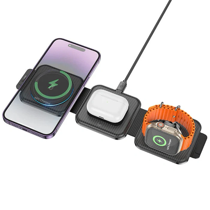 Беспроводное зарядное устройство Hoco Folding Magnetic Wireless Fast Charger CQ4 3in1, Чёрное. Фото 2
