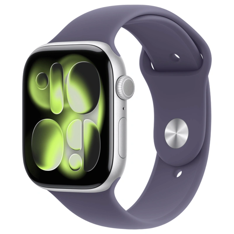 Apple Watch Series 11, 46 мм, алюминий цвета «Silver», спортивный ремешок "Purple Fog", S/M (MEV94). Фото 1
