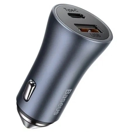 Автомобильное зарядное устройство Baseus Golden Contactor Pro Dual Quick Charger Car Charger U+C 40W (TZCCJD-B0G) With Baseus Simple Wisdom Data Cable Type-C to iP 1m, Тёмно-серое. Фото 2