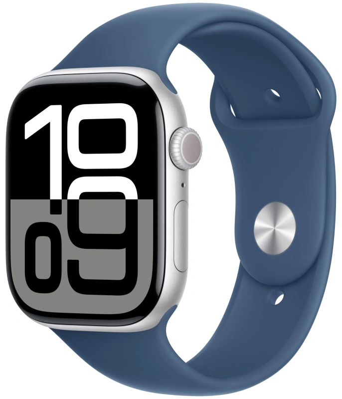 Apple Watch Series 10, 42 мм, cеребристый алюминий, спортивный ремешок цвета "Denim", S/M (MWWA3). Фото 1