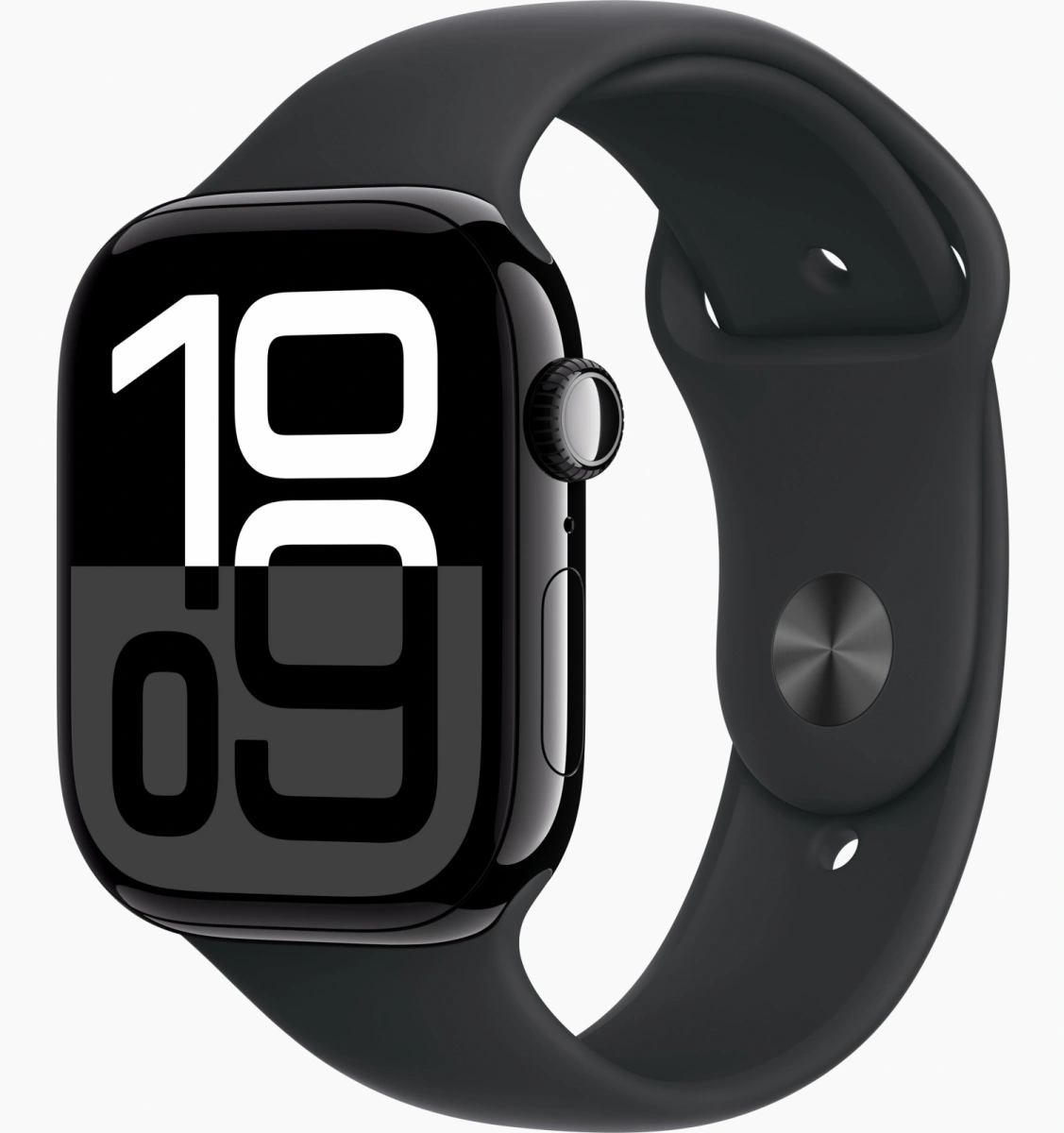 Apple Watch Series 10, 46 мм, алюминий цвета «чёрный глянец», спортивный ремешок чёрного цвета, S/M (MWWP3). Фото 1