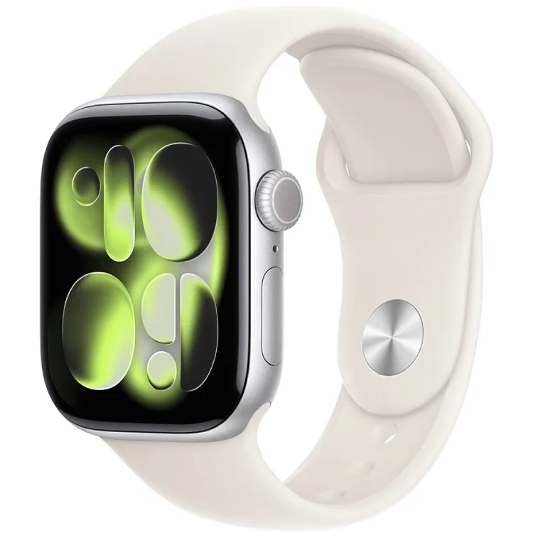 Apple Watch Series 11, 42 мм, алюминий цвета «Silver», спортивный ремешок "Starlight", S/M (MEW34). Фото 1