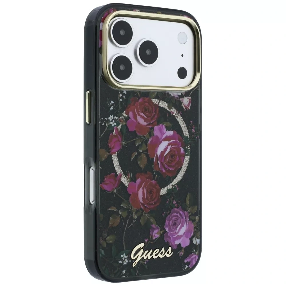 Накладка Guess для iPhone 18 Pro / 17 Pro IML Glitter Flowers Roses Metal Logo&Cam Hard (MagSafe), Black (GUHMP18L6HTBGSLK). Фото 4