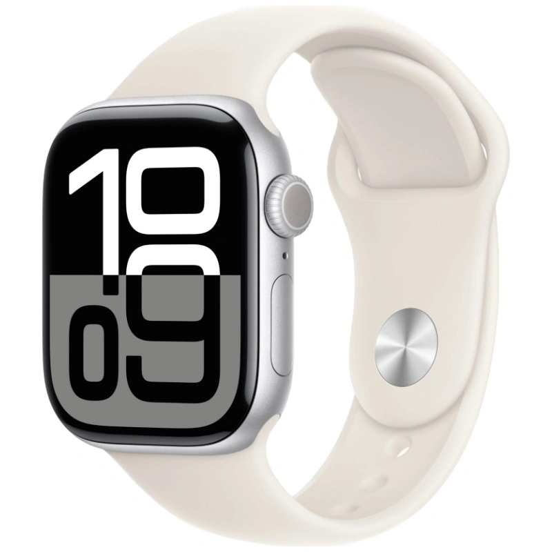Apple Watch Series 10, 42 мм, серебристый алюминий, спортивный ремешок цвета "Starlight", M/L (MWWW3). Фото 1