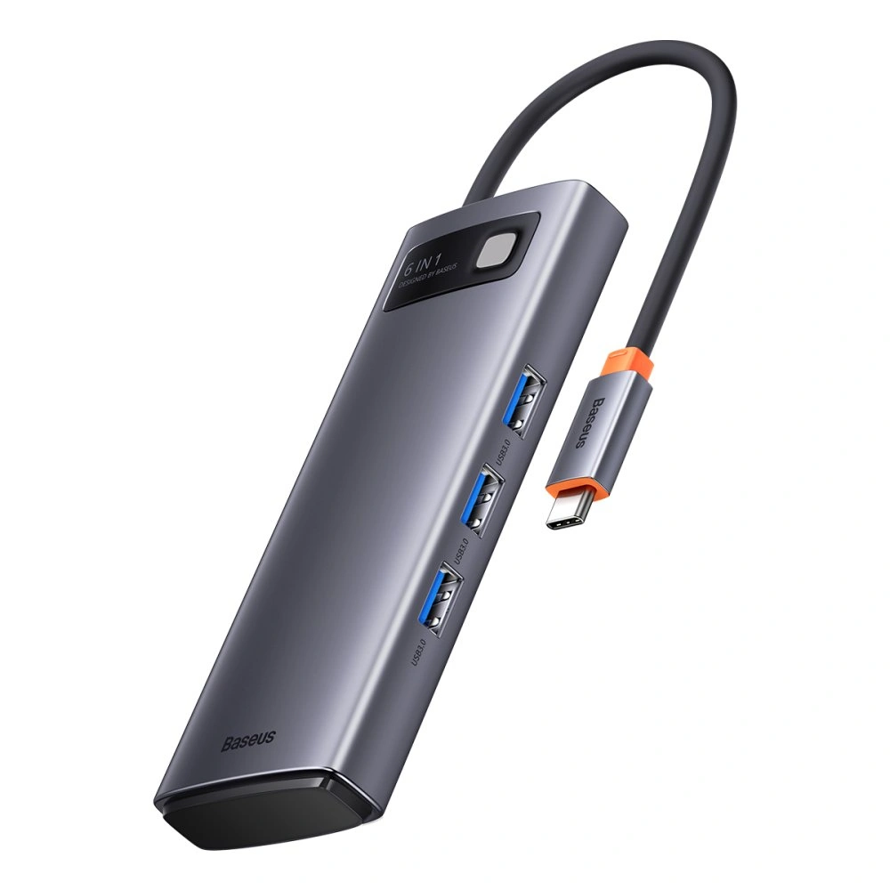 Хаб Baseus Metal Gleam Series 6-in-1 Multifunctional Type-C HUB Docking Station Type-C to USB3.0*3+PD*1+SD/TF*1, темно-серый (WKWG030213). Фото 1