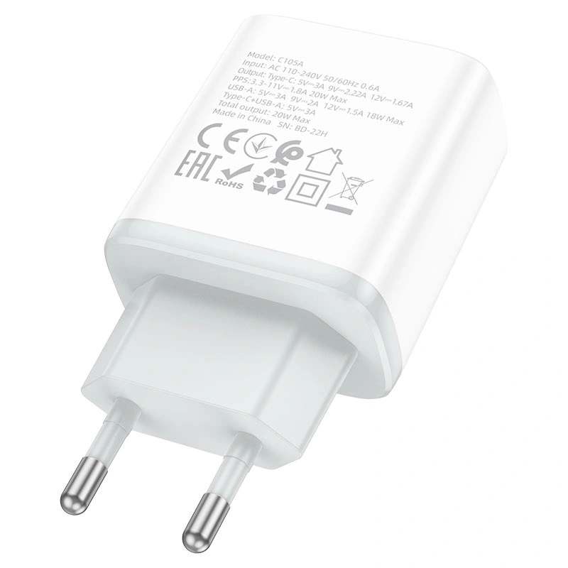 Сетевое зарядное устройство Hoco C105A Stage PD20W+QC3.0, White. Фото 5