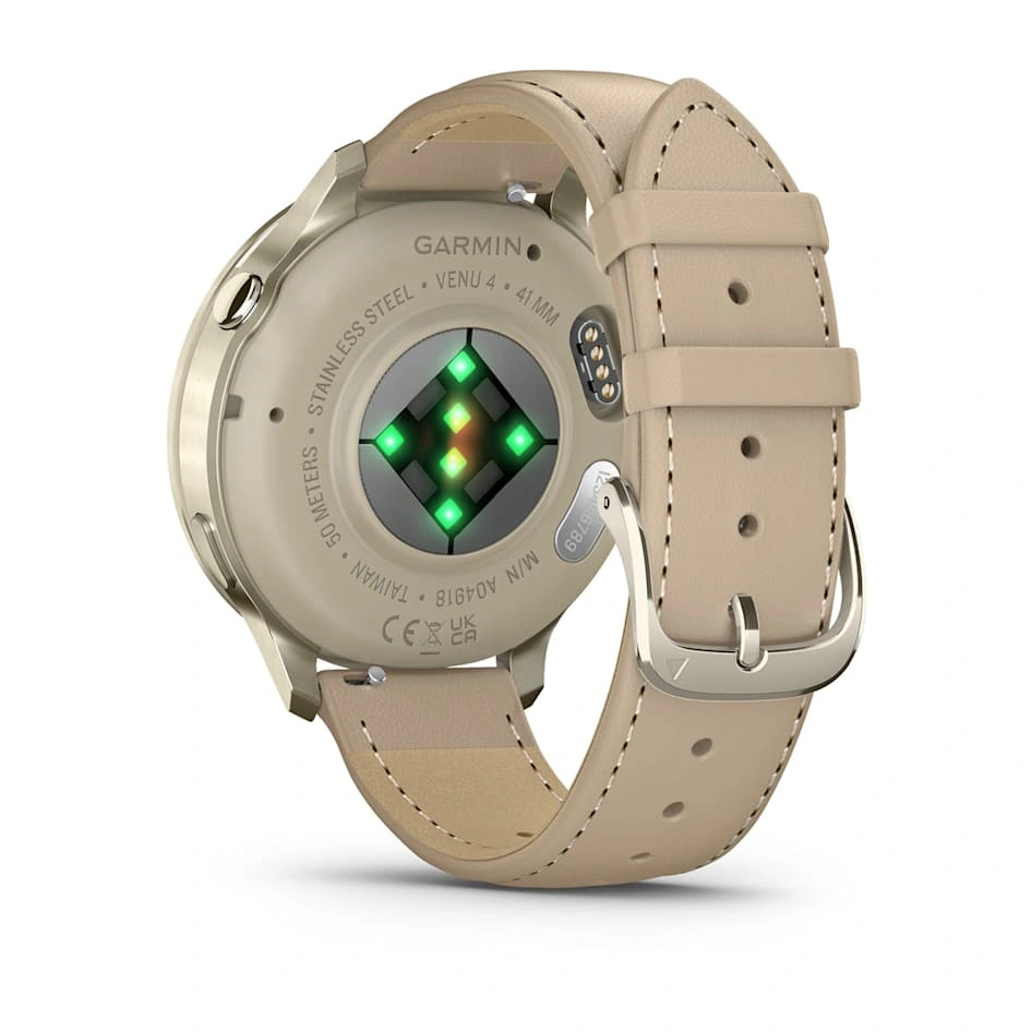 Умные часы Garmin Venu 4 41мм Лунно-золотистые с силиконовым ремешком цвета слоновой кости + кожаный ремешок песочного цвета (010-03013-03). Фото 7